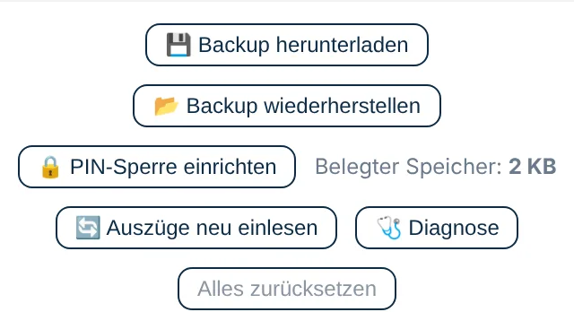 Knöpfe Backup herunterladen, Backup wiederherstellen und PIN-Sperre einrichten